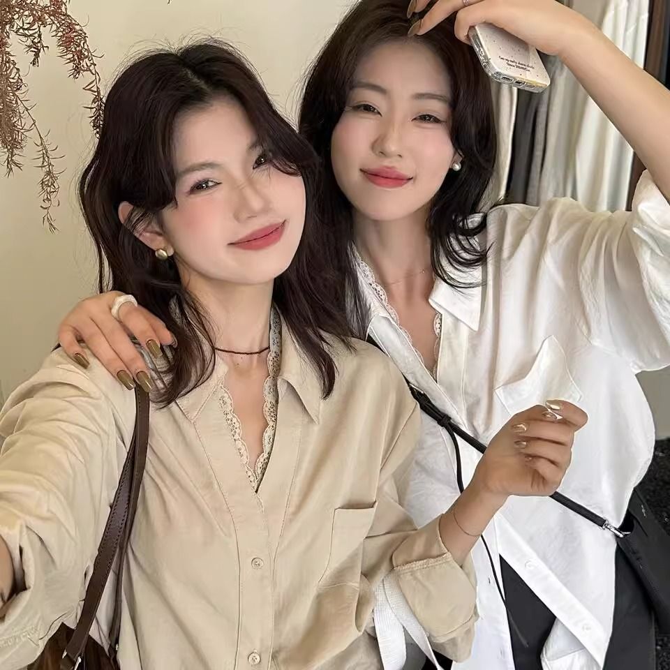 Korean French V-neck lace long-sleeved shirt for women in autumn new design and temperament niche loose top