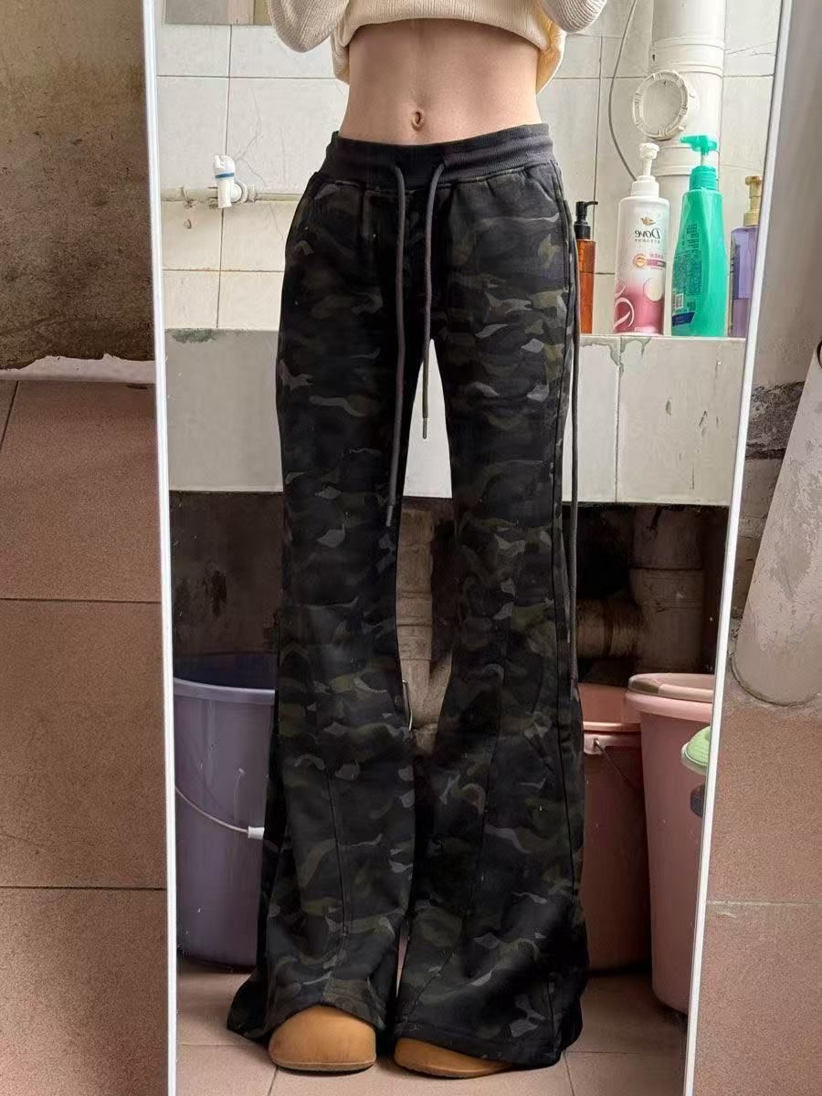 低腰微喇迷彩抽繩衛褲2025早春美式復古辣妹做舊磨毛修身休閒褲子