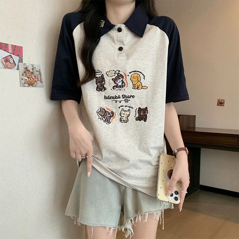 實拍撞色拼接卡通刺繡短袖POLO領青春減齡六宮格狗狗純棉T恤