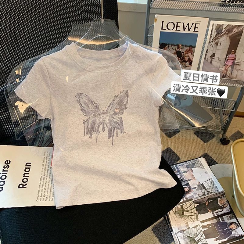 Pure cotton original foreign trade Korean version rear bag collar summer new women's round neck printed slim short T-shirt for women short sleeves