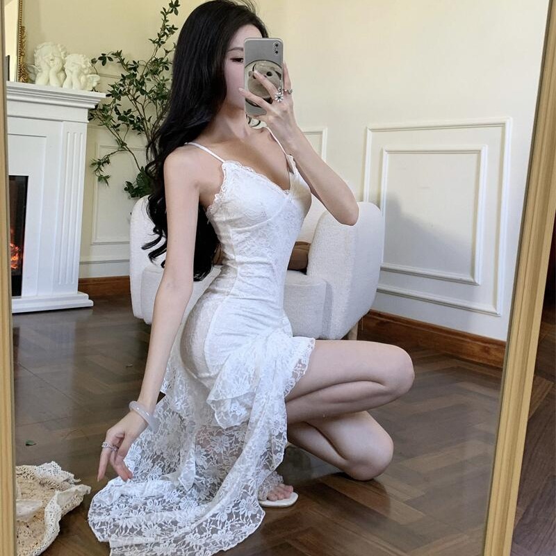 實拍不規則下擺開叉連衣裙修身修身蕾絲性感吊帶裙子