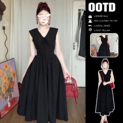 Girls Hepburn style v-neck black dress for women's summer new style French sleeveless long skirt