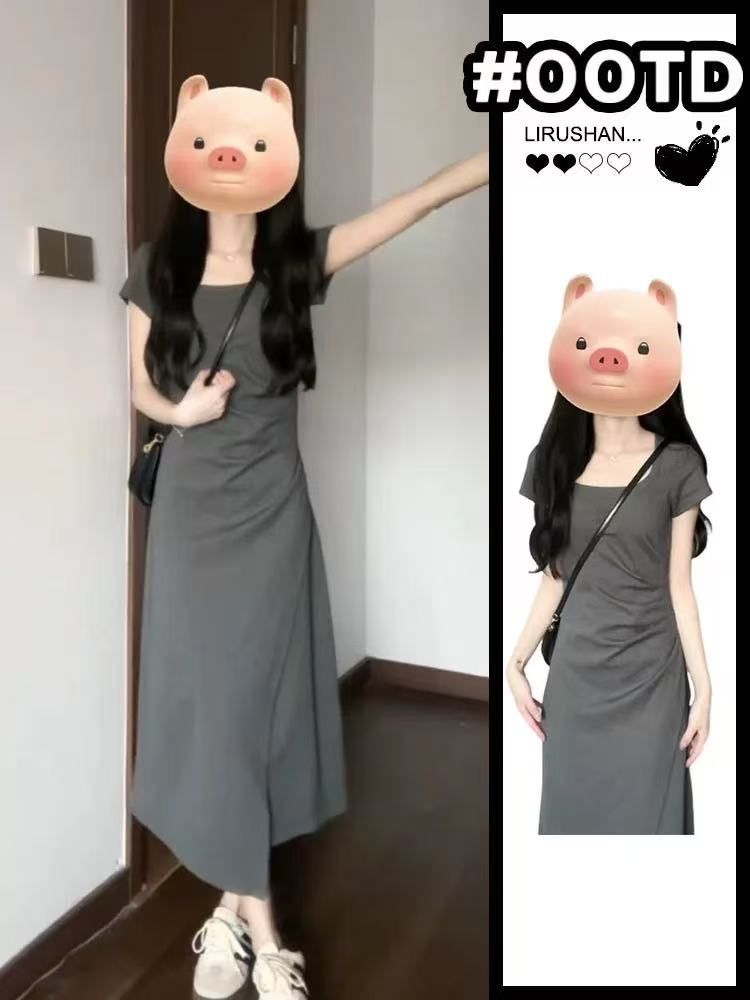 夏季法式氣質灰色連衣裙子女裝夏季新款高級感小個子顯瘦長裙