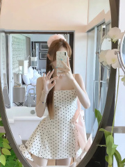 Back rope design Korean square collar polka dot suspender dress for women with waist slim look slim and puffy short skirt