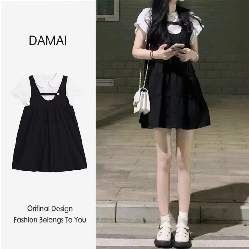 Small dress for women in summer new doll collar to make them look slim first love sweet French age-reducing black strap skirt