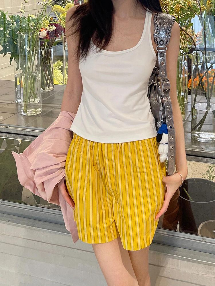 復古高腰檸檬黃條紋休閒短褲女2025春夏新款小眾寬鬆百搭居家褲