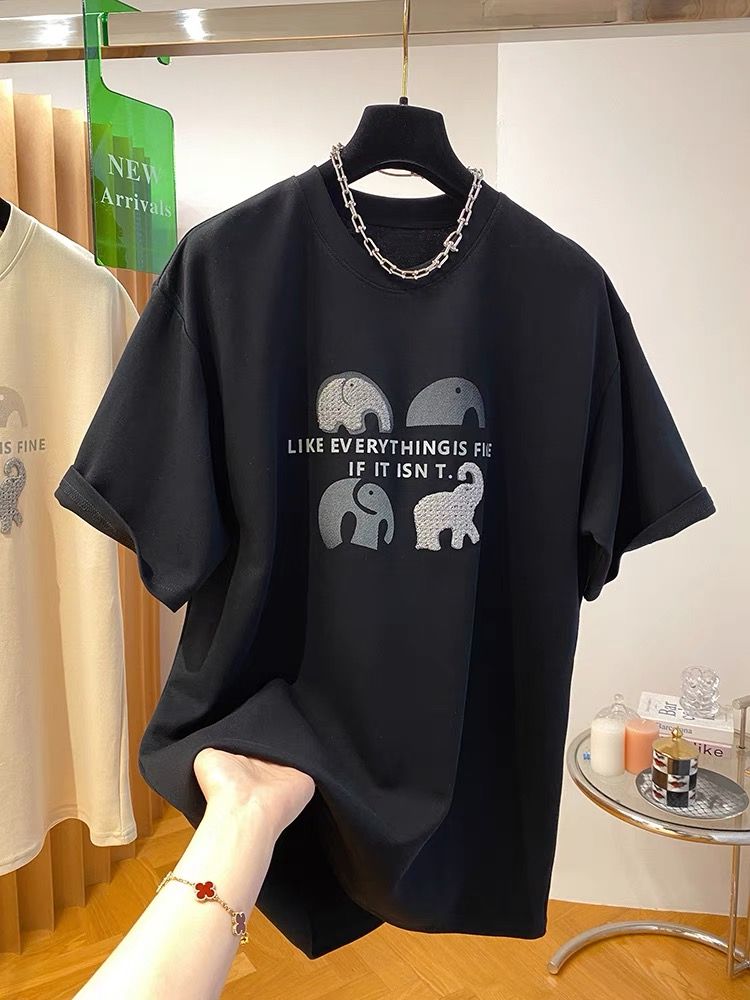 ~Large size women's pure cotton embroidered printed short-sleeved T-shirt for women 2025 new summer Korean top