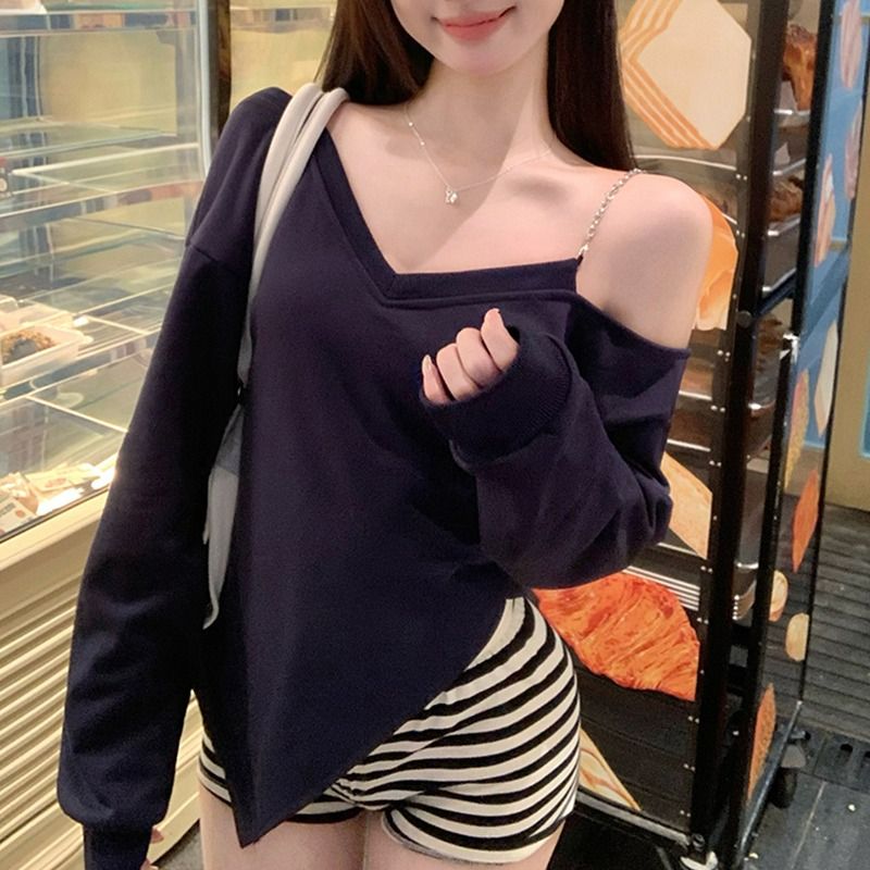 純欲風V領露肩長袖衛衣女秋季不規則下擺掐腰t恤上衣