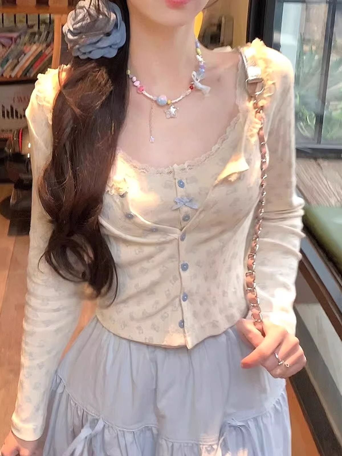 春秋新款甜美奶系穿搭吊帶開衫純欲辣妹碎花蓬蓬半身裙三件套裝女