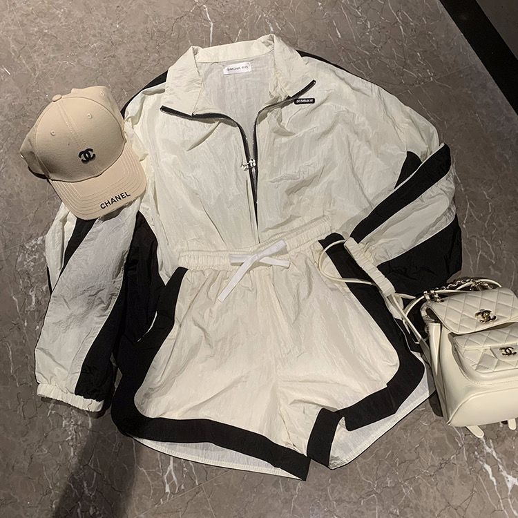 Casual sports style suit for women's summer thin long-sleeved jacket and shorts two-piece set loose and fashionable age-reducing sunscreen