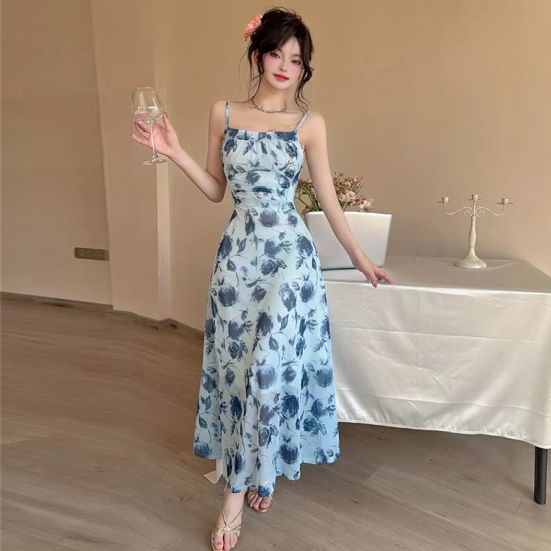 Backless mesh suspender floral dress with sexy waist-hugging and slimming tea break vacation long skirt