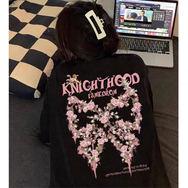 200g combed and tight spun in 2025, pure cotton back bag strip, spring and summer loose shoulder printed short-sleeved T-shirt
