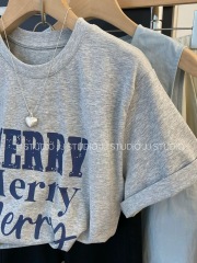 200g combed and tight spun in 2025, pure cotton back bag strip, spring and summer loose shoulder printed short-sleeved T-shirt