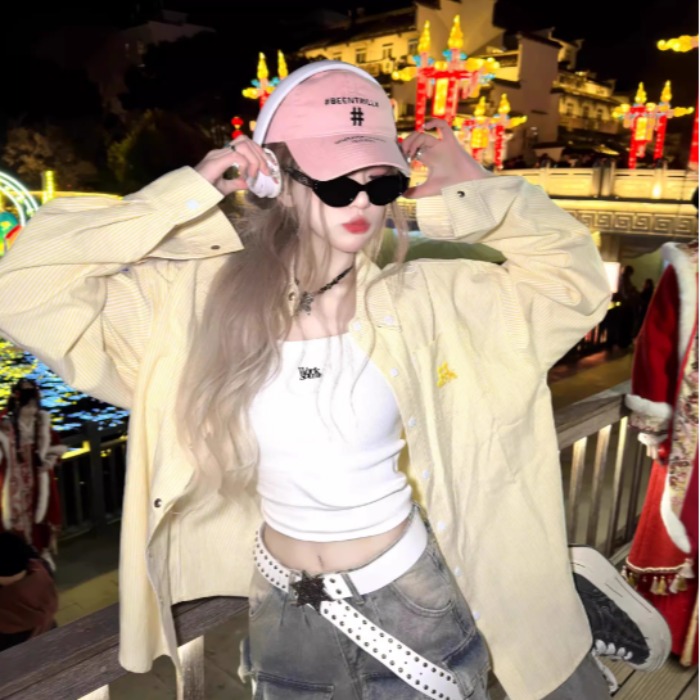 美式復古黃色條紋襯衫女2025新款小狗刺繡早秋外套寬鬆學院風上衣