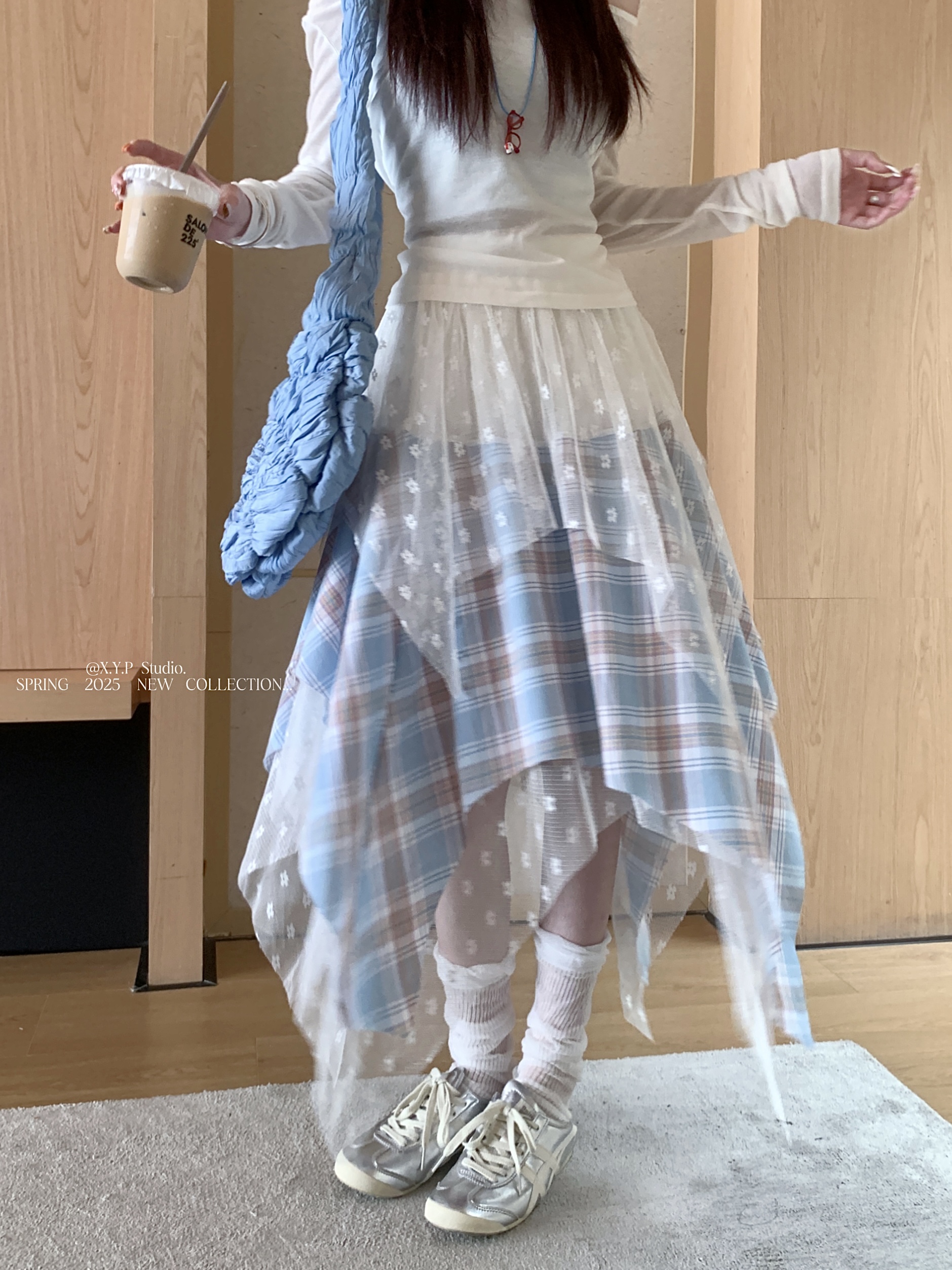Real-life design sense irregular lace spliced ​​plaid skirt for women 2025 new Korean sweet mesh skirt