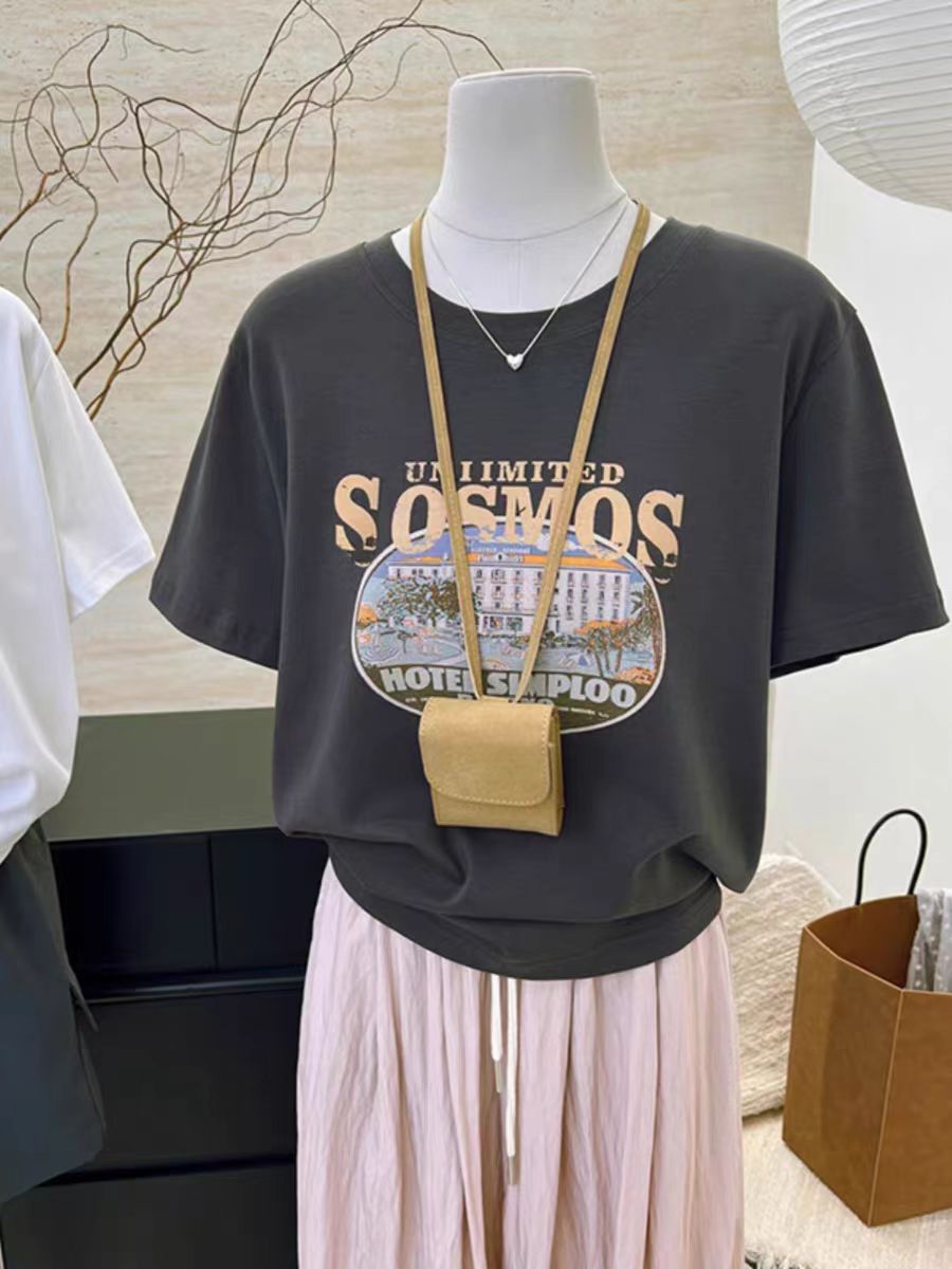 200g combed and tight spun in 2025, pure cotton back bag strip, spring and summer loose shoulder printed short-sleeved T-shirt