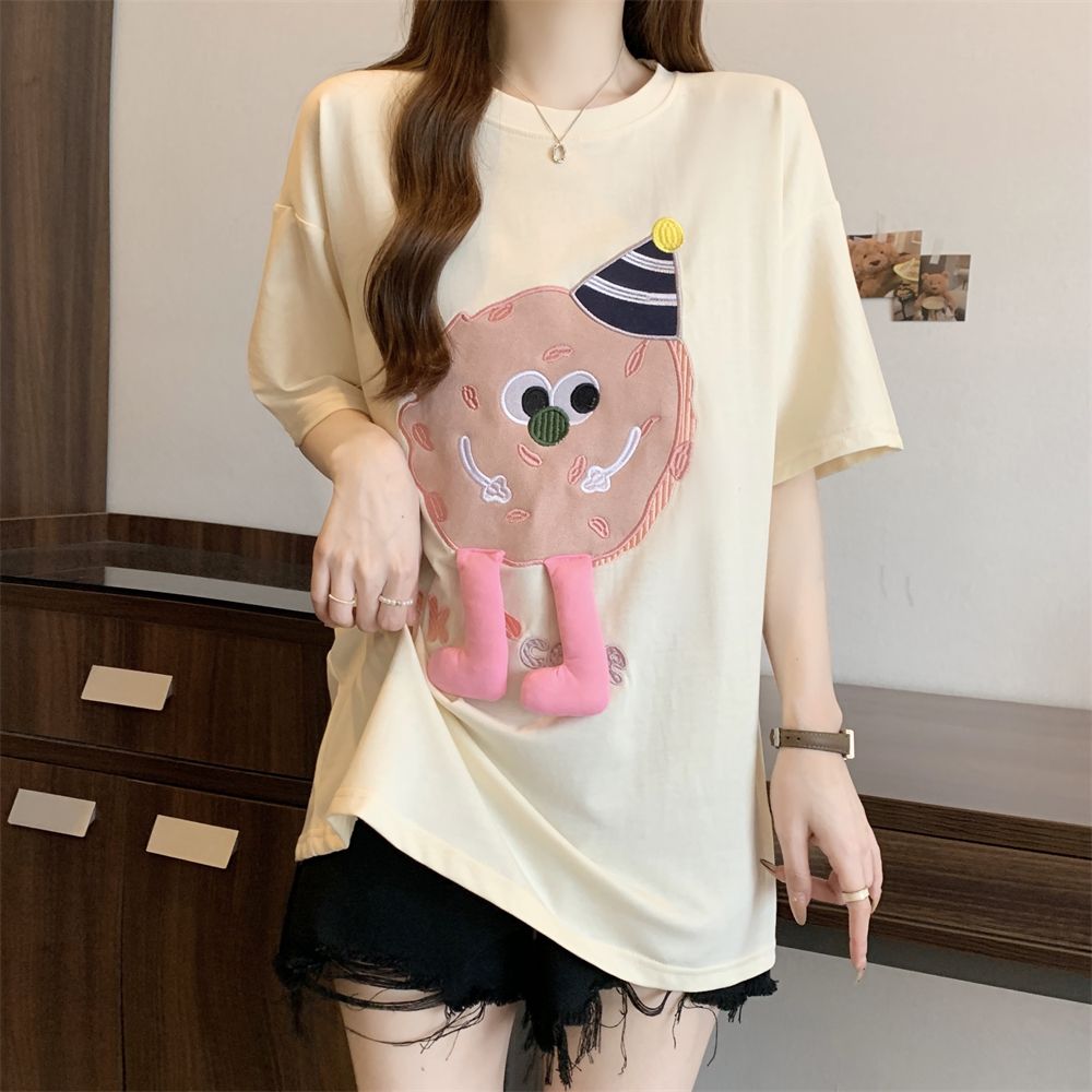 Real photos Korean Foreign Trade 2025 new 32 double yarn 230g 100% cotton short-sleeved T-shirt for women's towel embroidery