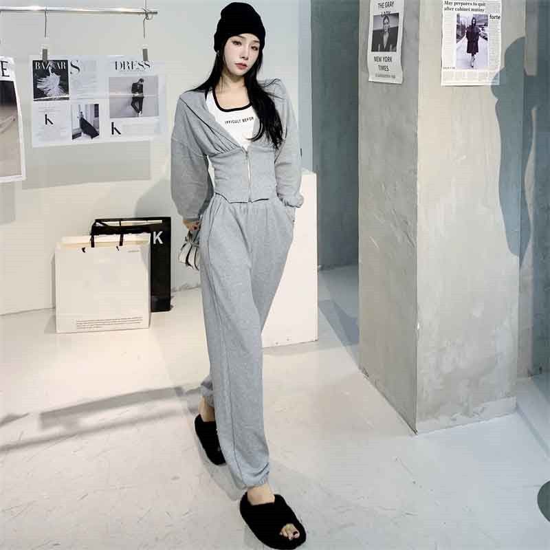 Sports suit hooded long-sleeved sweatshirt jacket halter letters vest ties trousers casual two-piece set women