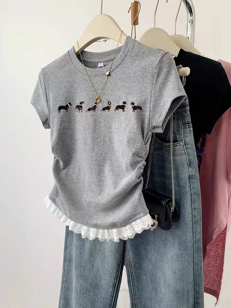 Pure cotton lace lace hem spliced ​​slim short-sleeved T-shirt round neck versatile slim top