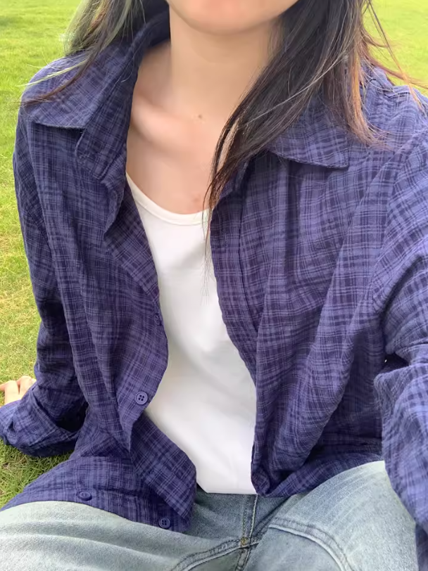 日系氣質復古深藍色純棉格子襯衫女早秋2025新款冷淡系高級感上衣