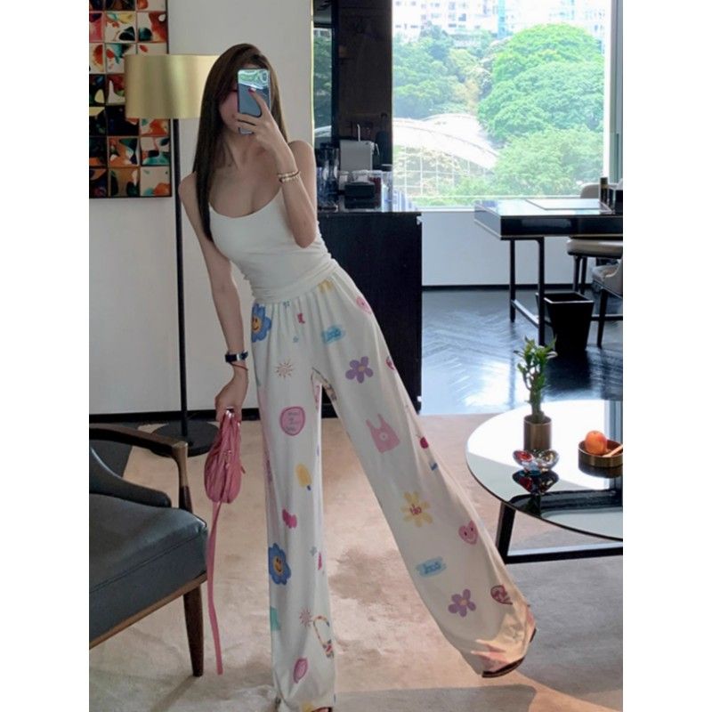 White wide-leg pants for women in summer thin lazy ice silk cartoon casual home pajama pants cool sun protection pants