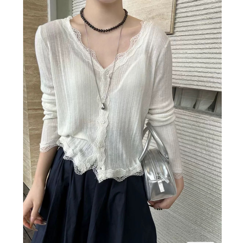 Korean style summer new sweet V-neck lace edge sunscreen cardigan with shawl knitted sweater air conditioning shirt