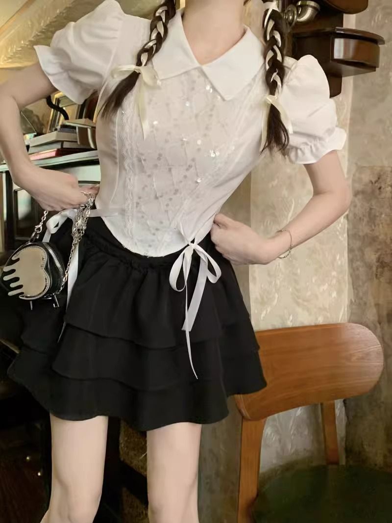 韓系辣妹套裝女夏季蝴蝶結綁帶收腰白色短袖上衣花邊蛋糕裙兩件套