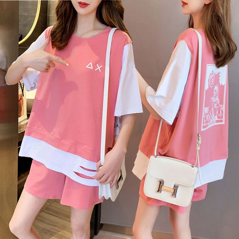 2025 new loose student shorts sports two-piece set large size short sleeve fashion casual suit for women summer