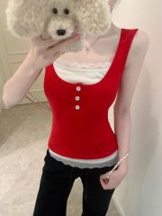 蕾絲拼接假兩件吊帶背心女夏季撞色修身辣妹打底衫上衣外穿