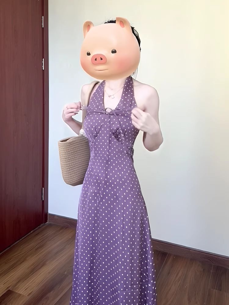 JIUDULI紫色波點掛脖連衣裙女春夏法式度假風氣質v領收腰顯瘦長裙