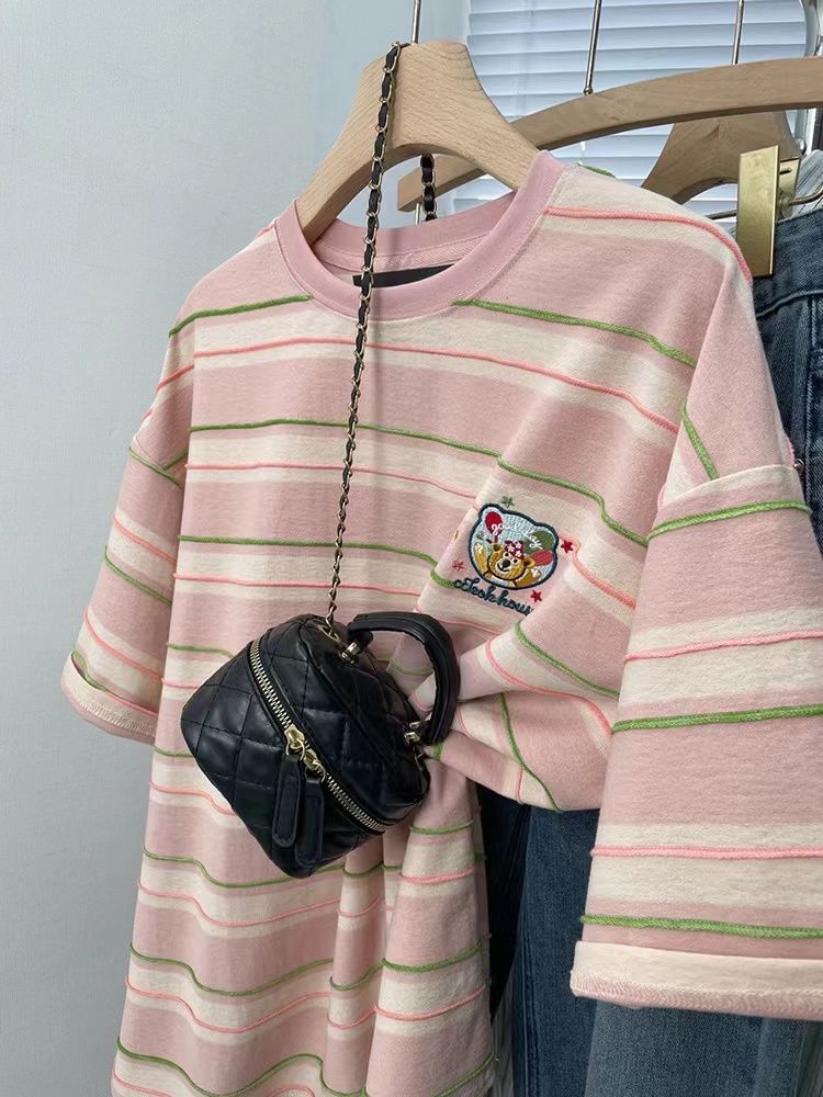 Colorful striped embroidered short-sleeved T-shirt women's top