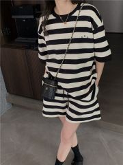 2025 large-size casual summer new embroidered loose striped short-sleeved T-shirt + wide-leg shorts two-piece set