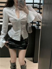 Low V-Ting Hong Kong flavor new spring and autumn new white flared sleeve shirt female hot girl slim fit slim waist top