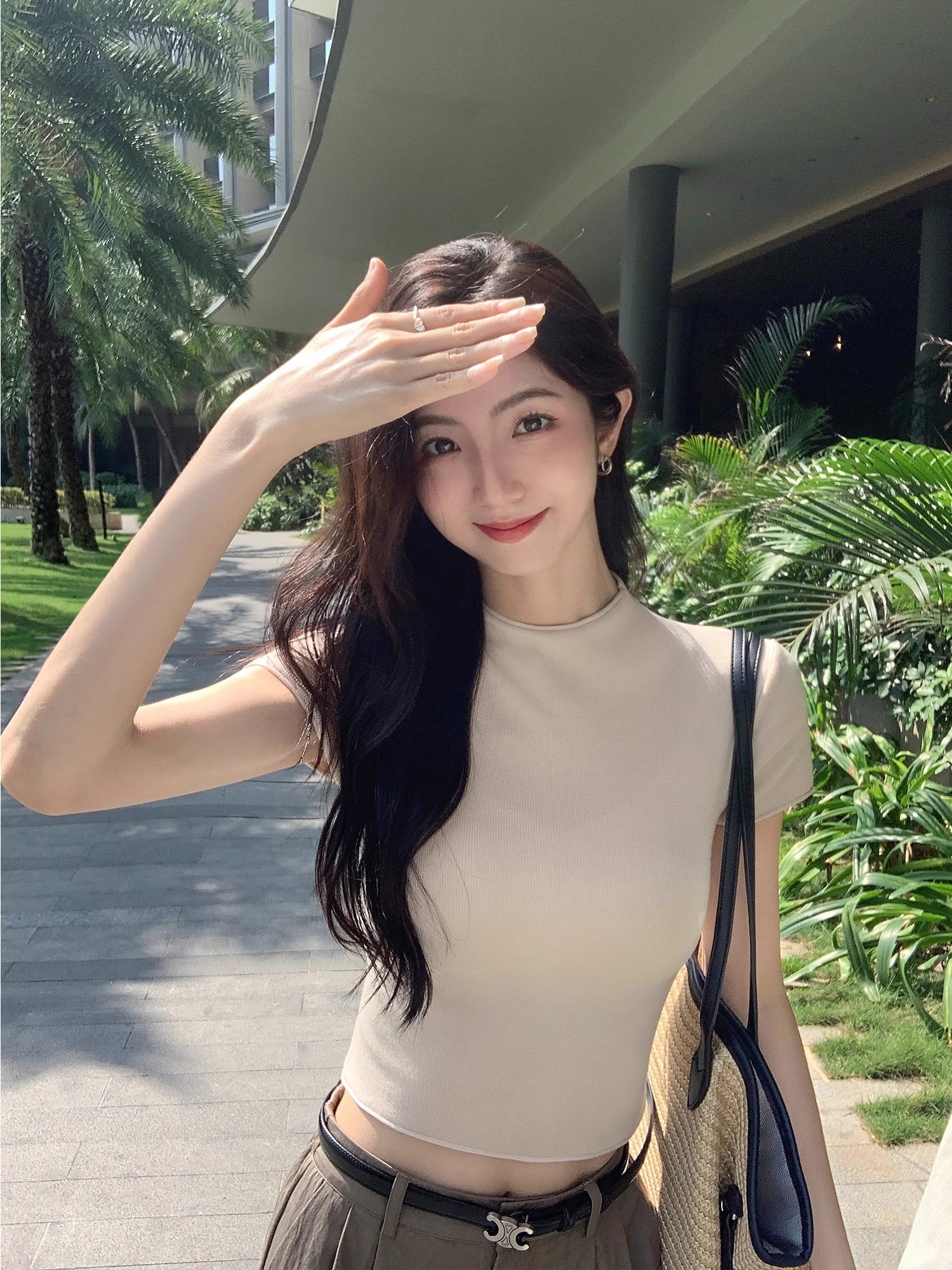 MULVAN half-high neck tensile short sleeve sweater for women in summer slim high waist short shoulder T-shirt top