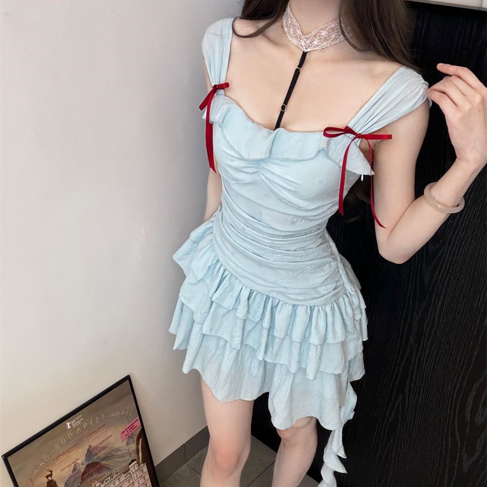 法式重工連衣裙夏裝女2025新款荷葉邊修身顯瘦溫柔純色度假短裙子