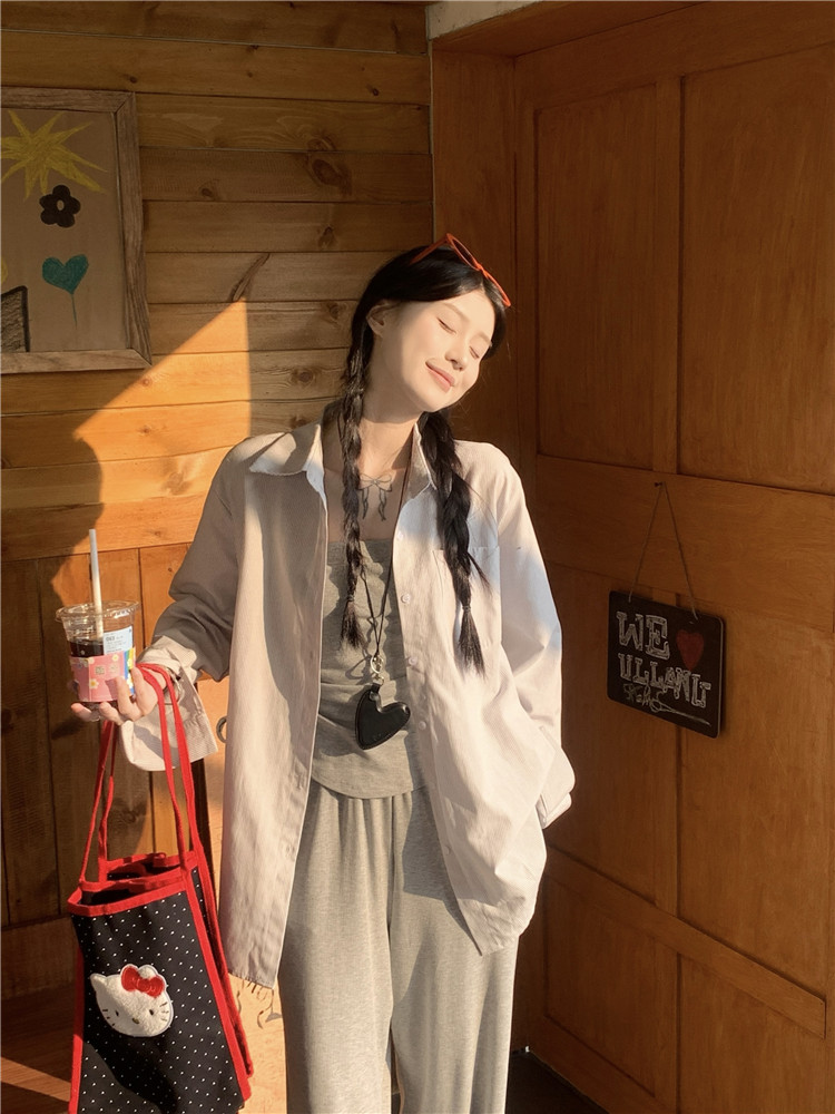 Real shot 2025 new Korean version loose lazy sunscreen shirt + strapless vest + wide-leg pants three-piece set