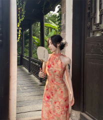 Real shot of new new Chinese style oil painting printed and improved cheongsam skirt straps and shoulder-cut dress