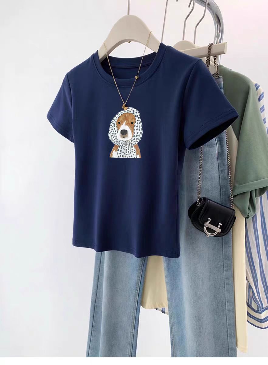 Printed front shoulder short-sleeved T-shirt for women in summer new niche American pure cotton slim T-shirt top