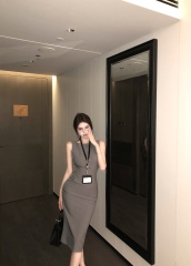 Real shot!  Summer workplace sirens grey one-length neck mid-length dress for women waist commuting skirt