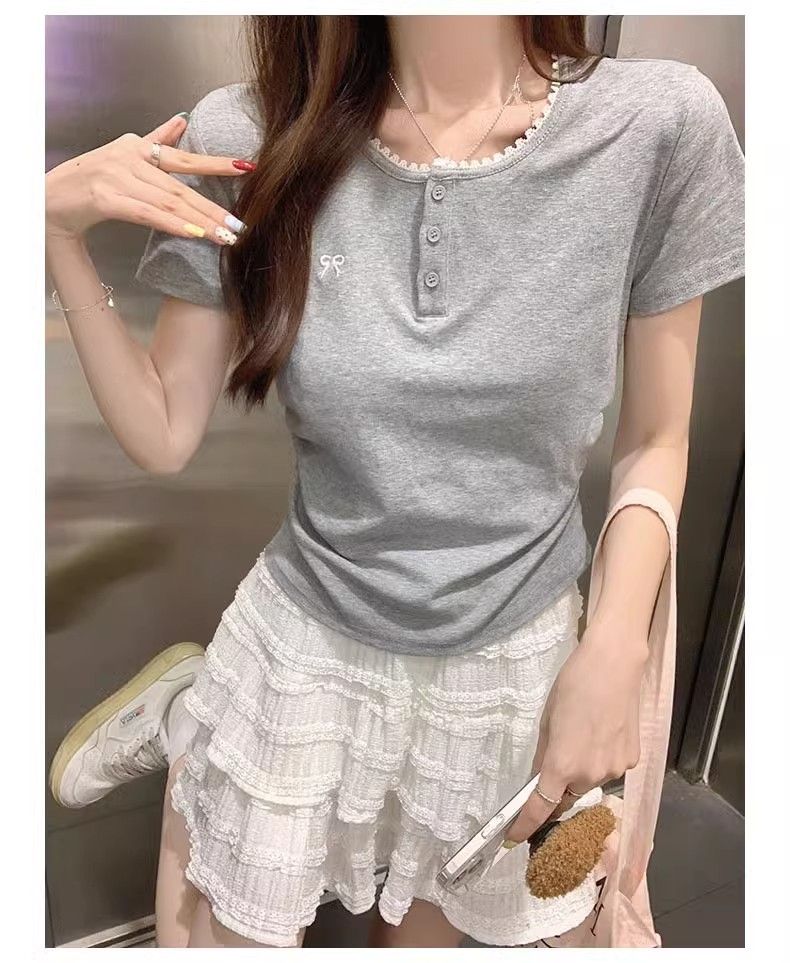 2025 Modal French lace bow short-sleeved T-shirt small pleated slim-fit chic top ins