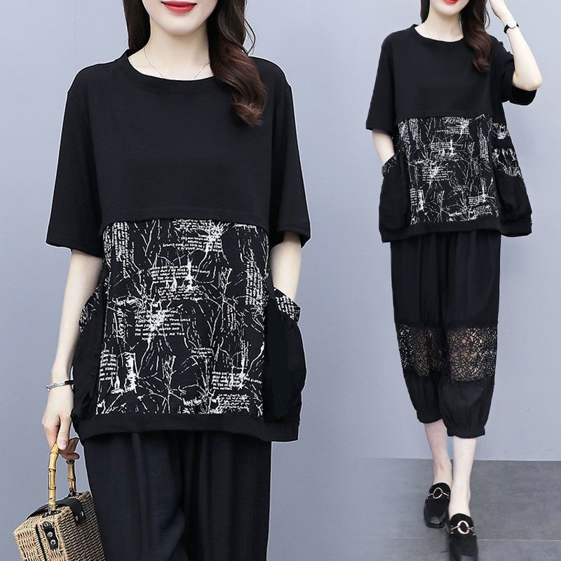 Large size fat mm summer women's clothing casual loose fashionable belly covering fashion short sleeves two-piece set
