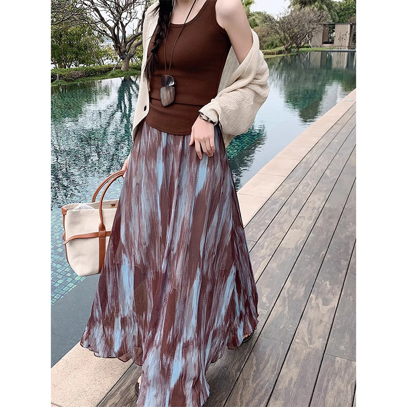 三宅皺感肌理撞色印花半身裙女長裙子~鬆緊腰度假風垂感拖地A字裙