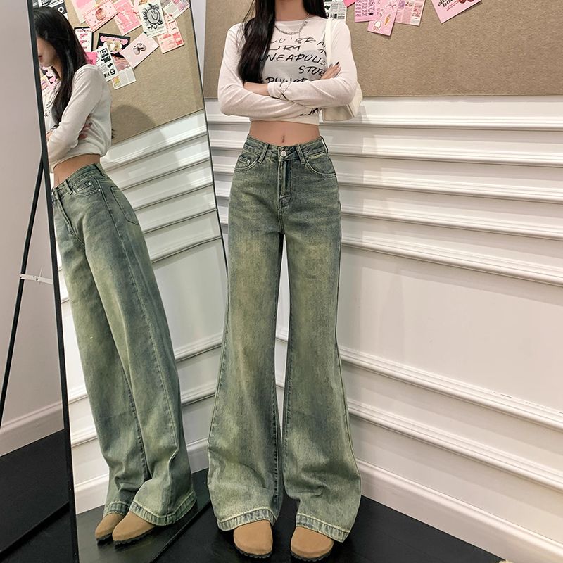 American retro hot girl high waist straight jeans for women in spring and autumn new loose meat covering and slimming versatile wide-leg pants