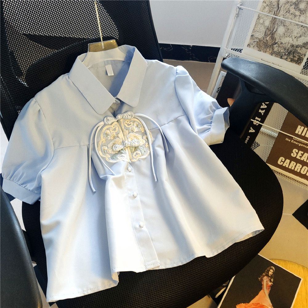 Real shot of embroidered puff sleeves new Chinese retro improved shirt for women short sleeves short Chinese style buttoned tops for summer