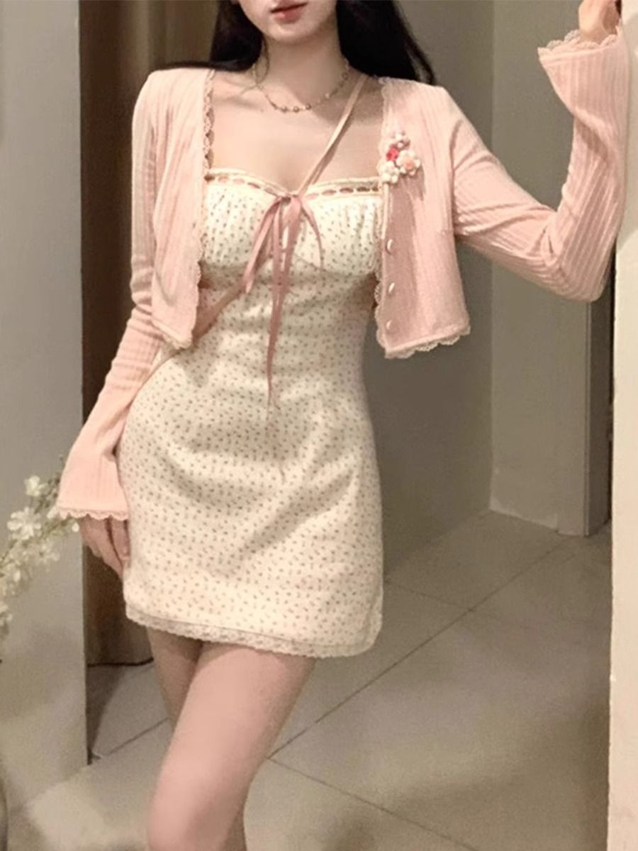 甜辣風套裝女秋季純欲蕾絲碎花吊帶連衣裙氣質短款針織開衫兩件套