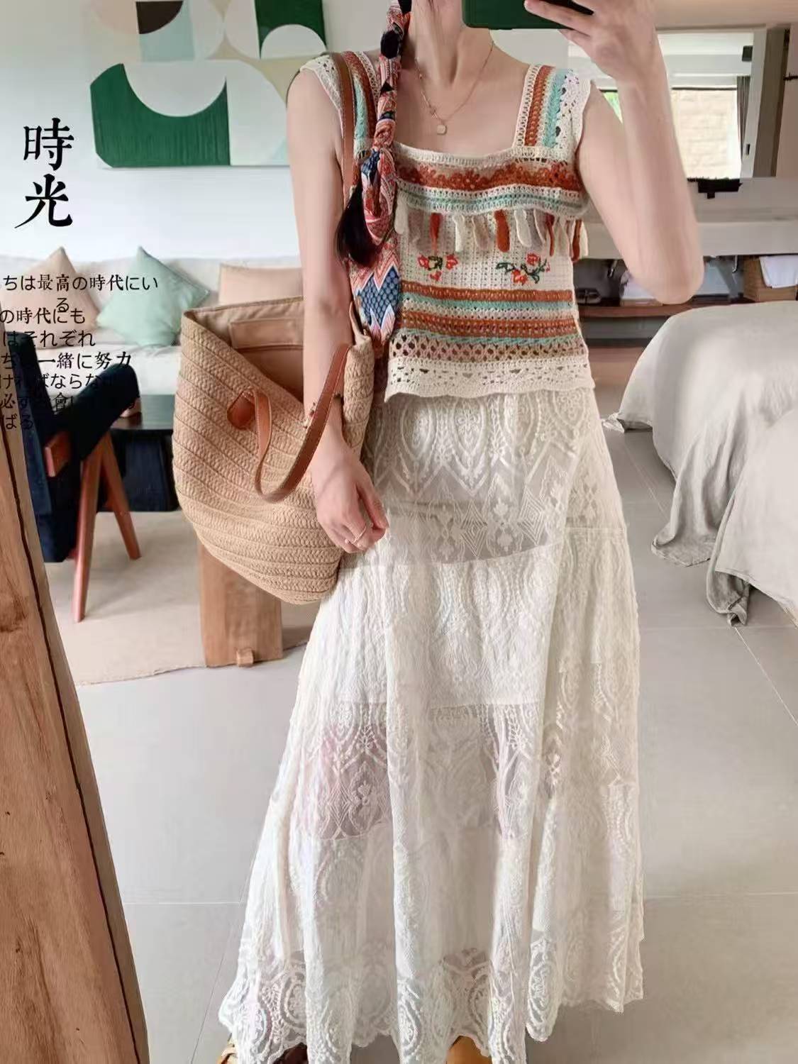 French retro hook-flowered lace skirt fashionable and versatile summer slim lace skirt