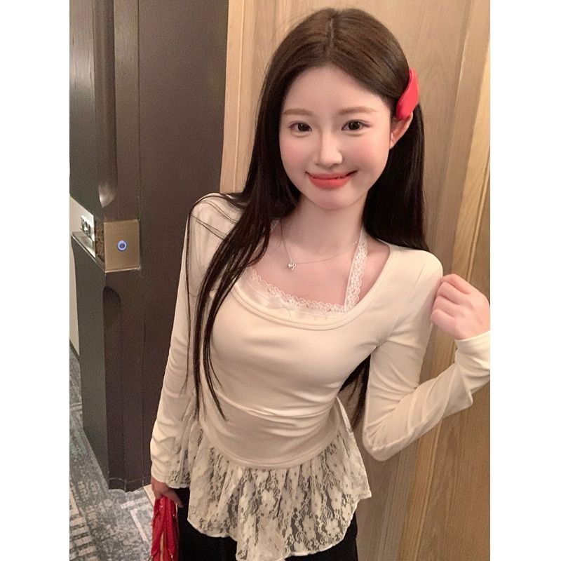 螺紋徳絨芭蕾風白色假兩件掛脖T恤女秋冬疊穿蕾絲內搭打底衫
