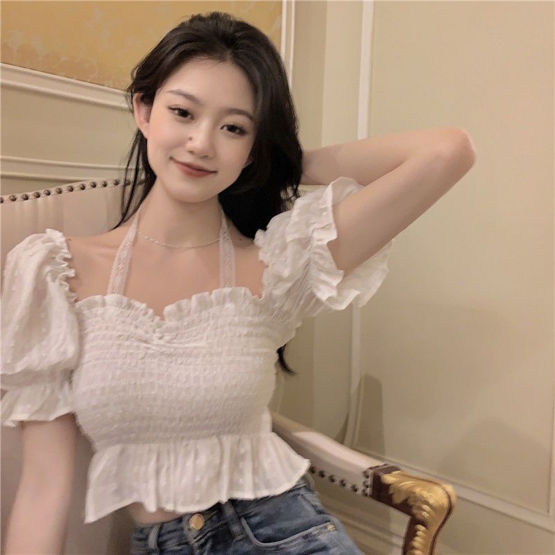 White shirt for women with niche design in summer new style jacquard cotton slim fit short puff sleeve top