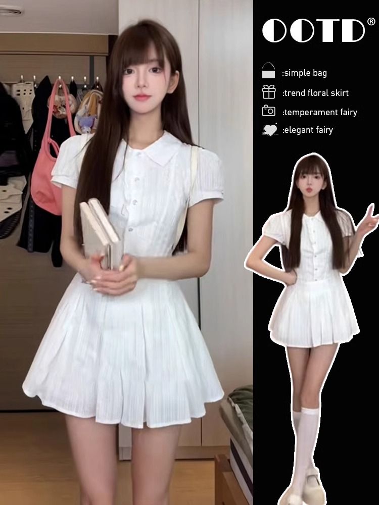 學院風白色襯衫連衣裙子女裝2025新款夏季小個子百褶短裙套裝穿搭