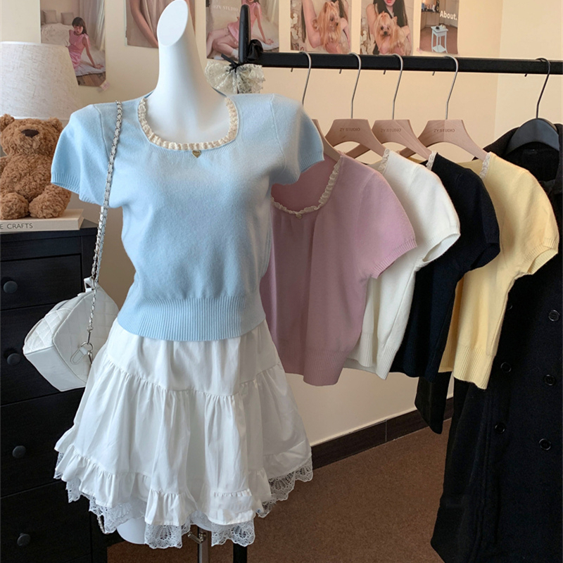 Sweet style design slim short-sleeved T-shirt lace versatile square collar sweet lace new summer short style versatile